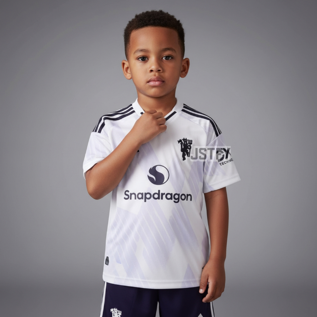 KIDS Jersey Mnchstr Untd Away 2025 2026 Baju Bola Warna Putih Anak Patch Premier League Custom Names