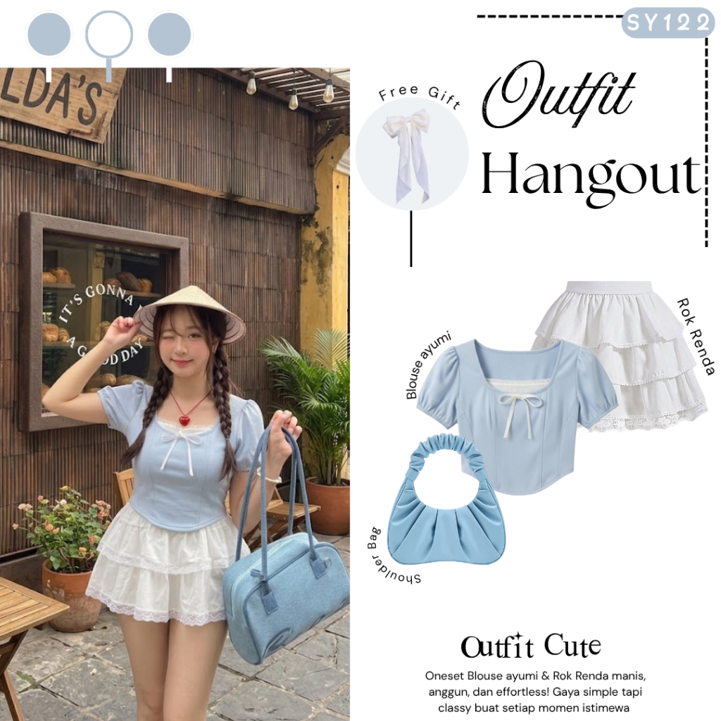 Outfit One Set Wanita Kekinian Korean Style  ( Tas | Blouse Ayumi | Rok ) Outfit One Set Wanita Keki