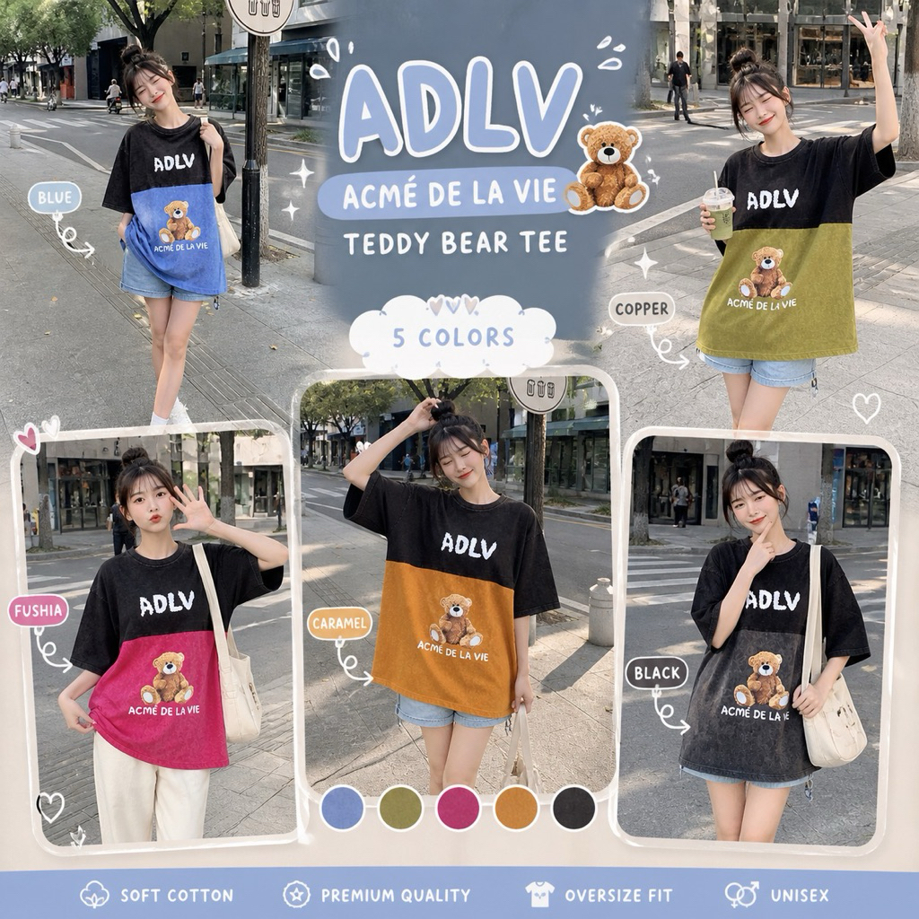 KS-001 || Kaos Oversize ADLV Teddy Bear Wanita Jumbo LD120 Kaos Korea Viral Baju Cewek Kekinian Prem