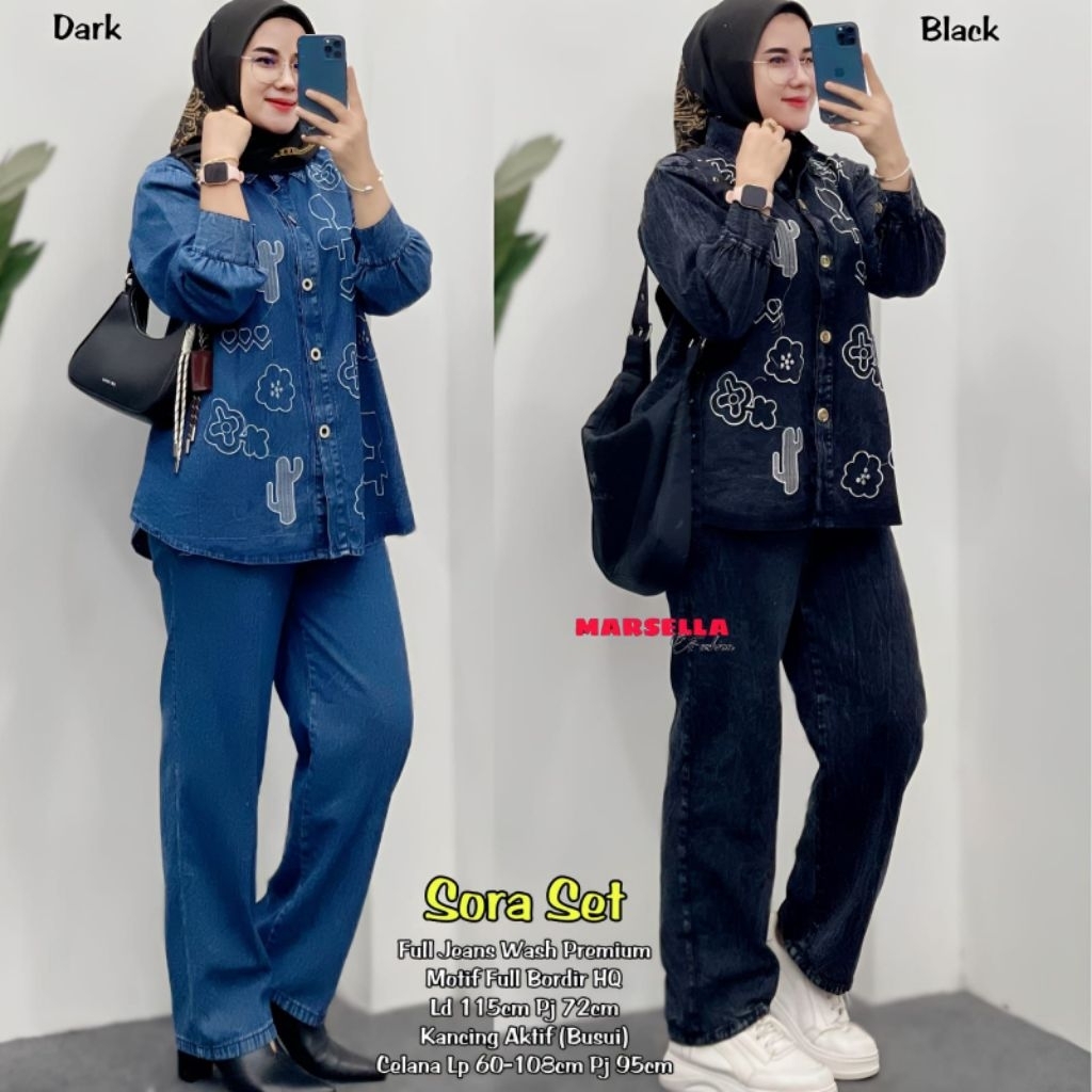 mudra sora one set marsela kemeja jeans bordir celana jeans kulot kemeja jeans bordir ones set denim