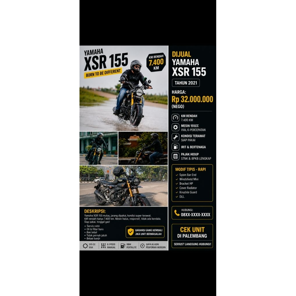 MOTOR YAMAHA XSR 155 TAHUN 2023 - PALEMBANG - WARNA HITAM