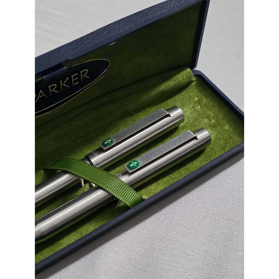 1980s Parker 25 - Fountain Pen & Ballpoint Pen Set - SS Green Accent