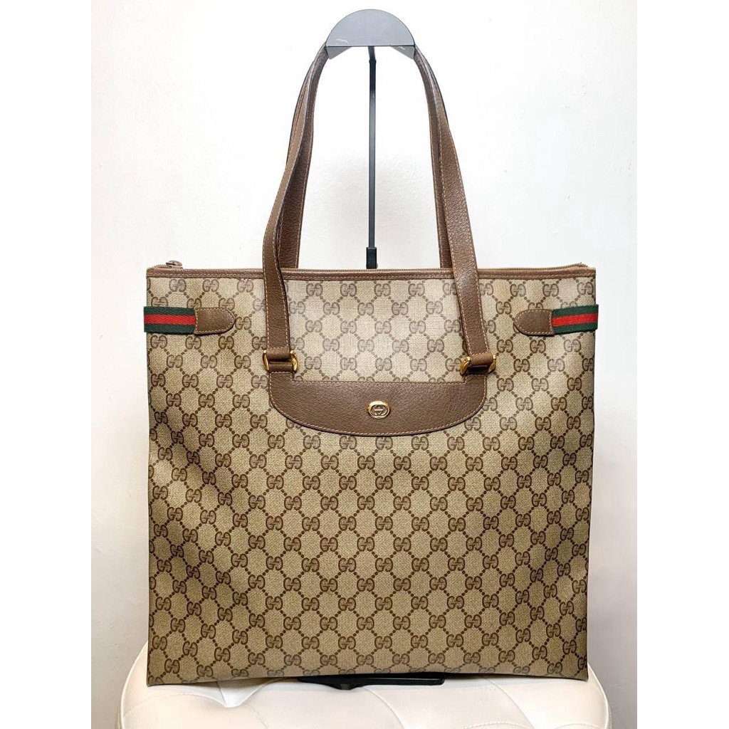 (PRELOVED) Gucci Sherry Line Tote Bag GG Pattern Brown Canvas