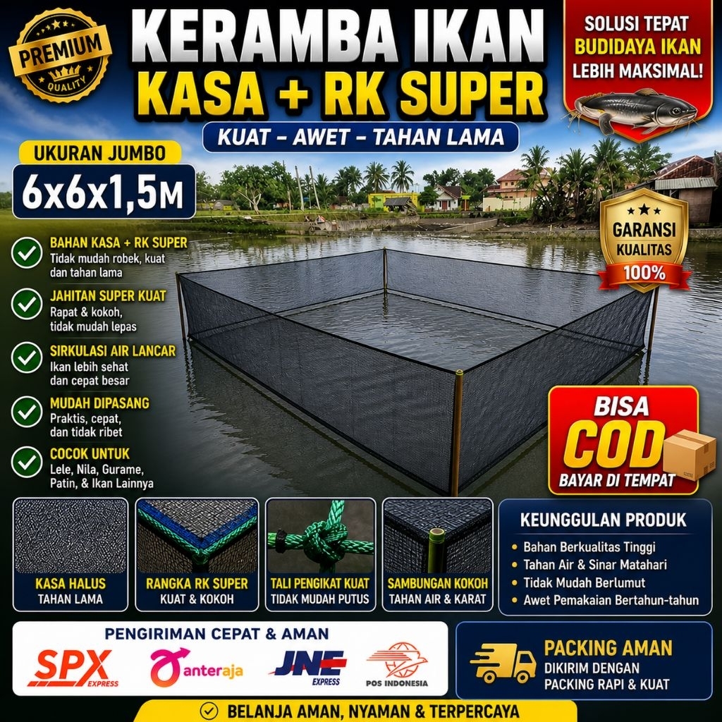 jaring waring keramba ikan bahan RK SUPER anti geser ukuran 6mx6mx1,5m