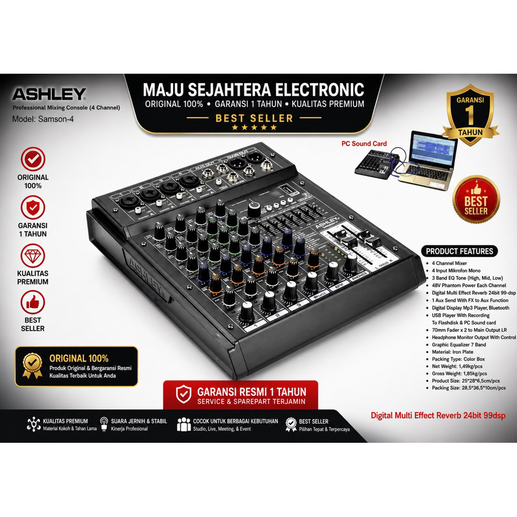 MIXER 4 CHANNEL ASHLEY SAMSON 4 SAMSON-4 SAMSON4 ORIGINAL GARANSI RESMI 1 TAHUN