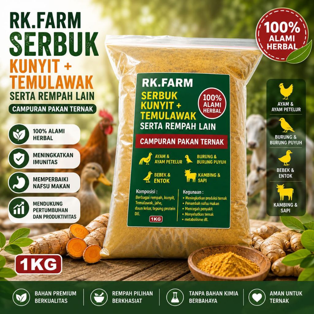 RK FARM JAMU TERNAK 1KG JAMU Serbuk kunyit + temulawak serta rempah lain pakan ternak RK FARM | JAMU