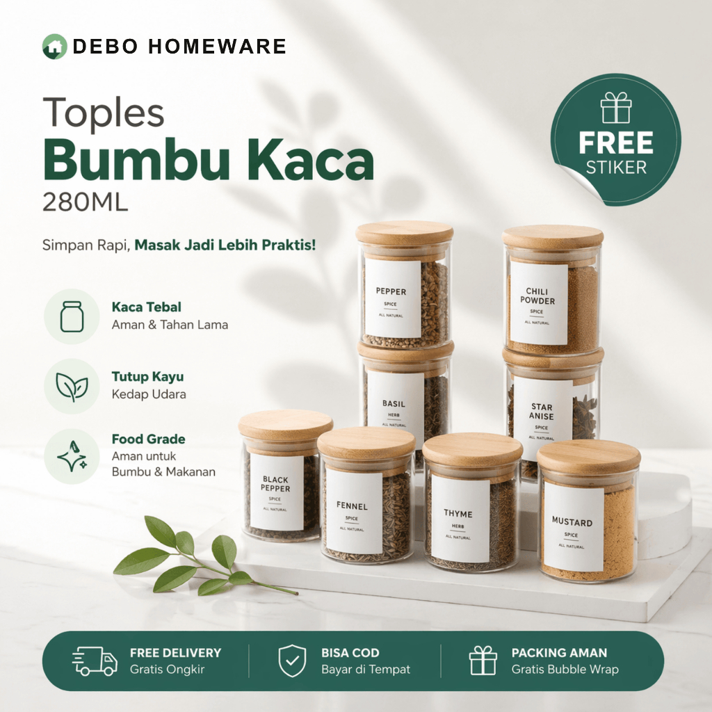 DEBOLIVING URUMI Jar Glass Toples Bumbu Dapur 280ml Label Kotak Tempat Bumbu Toples Bumbu Dapur
