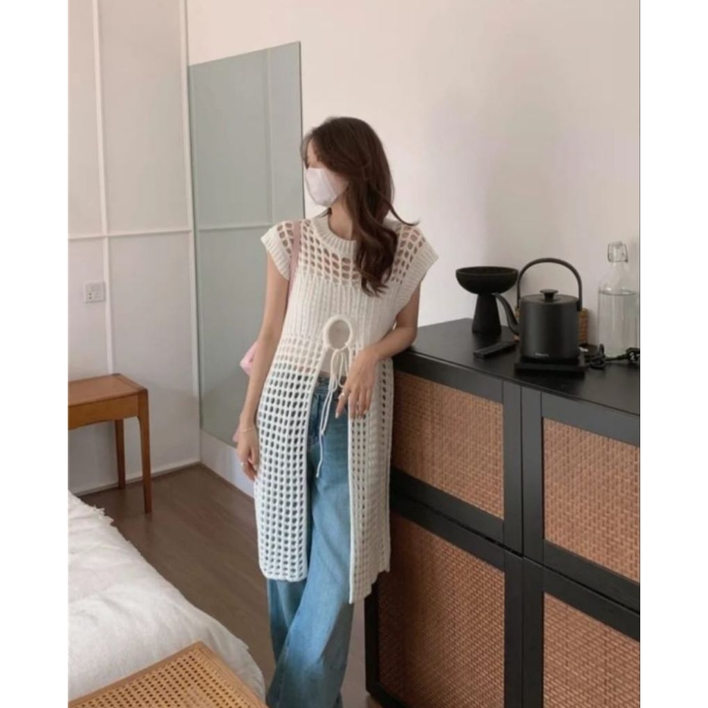 Ec Outer 2in1 Rajut Montana putih l atasan fashion baju outer jaring outer rajut baju knit wanita