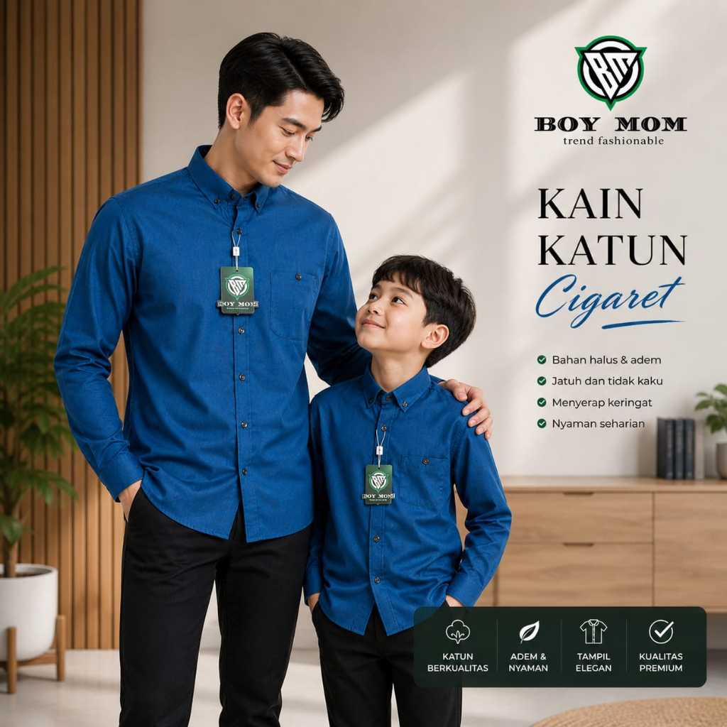 BOY MOM Emerald Blue Kemeja Polos Warna Emerald Blue / Biru Emerald Kain Katun Cigaret Lengan Panjan