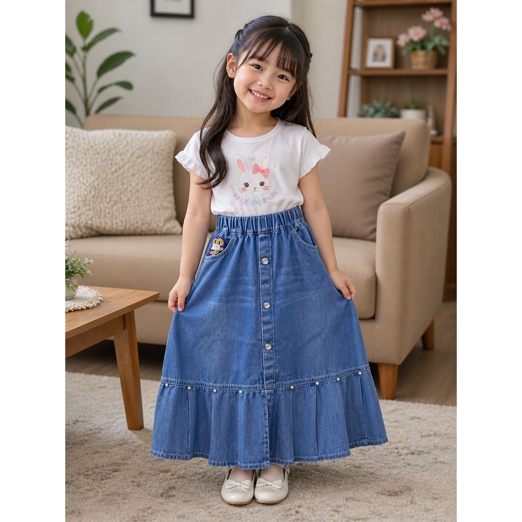Rok Anak Perempuan Panjang 2-12 Tahun Jeans Rempel Kancing Depan