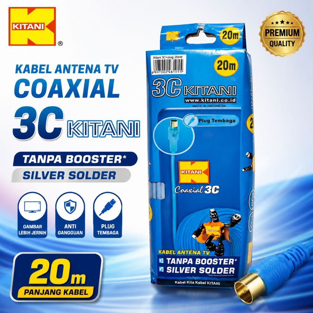 Kabel Antena TV Digital Set Top Box 20M Kitani Coaxcial 3C Biru + Jek Indoor Outdoor Tanpa Booster D