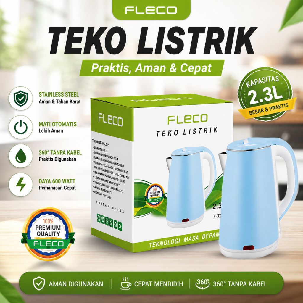 Teko Listrik Pemanas Air Otomatis Mati Sesndiri 2 Liter 2/2,3 L Fleco F723 Biru 600 Watt Stainless S