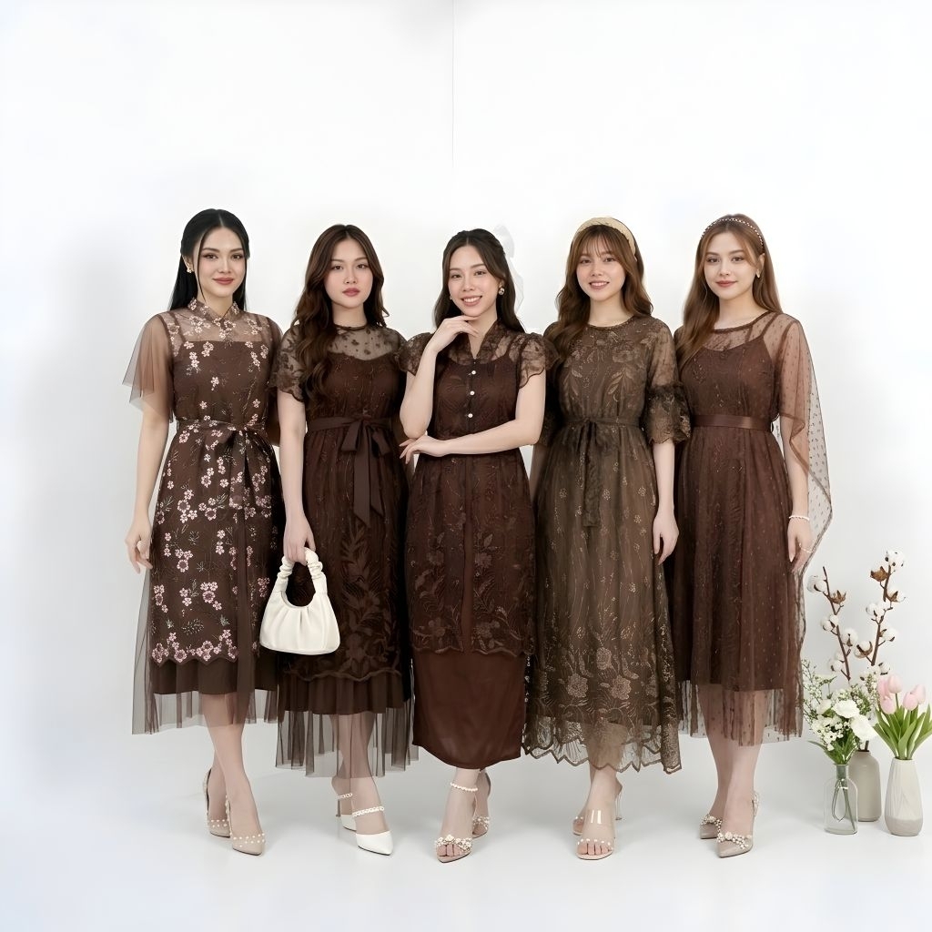 Dress Wanita Elegan Edisi Warna Coklat Mahogany Baju Pesta Tulle Cantik Zh