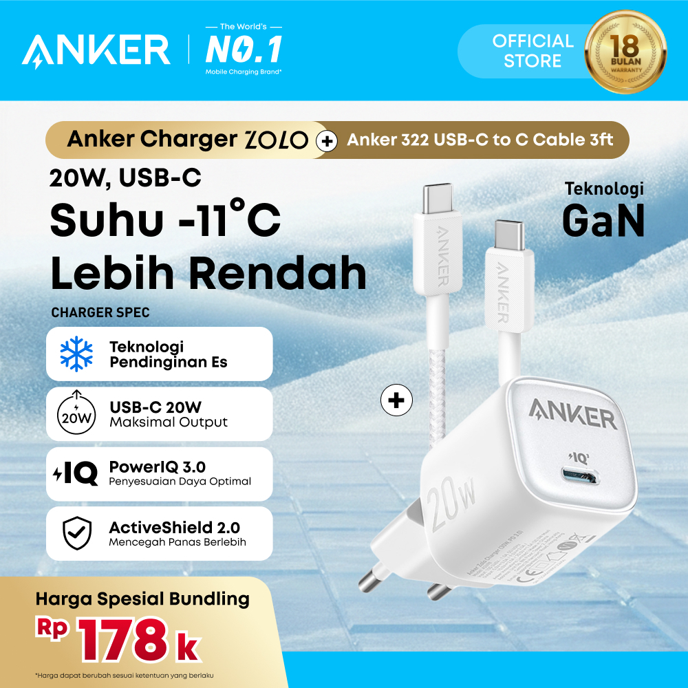 Adaptor Wall Charger Anker GaN Ice-cooled bundle Kabel cable USB-C Type C Fast Charging PD for iPhon