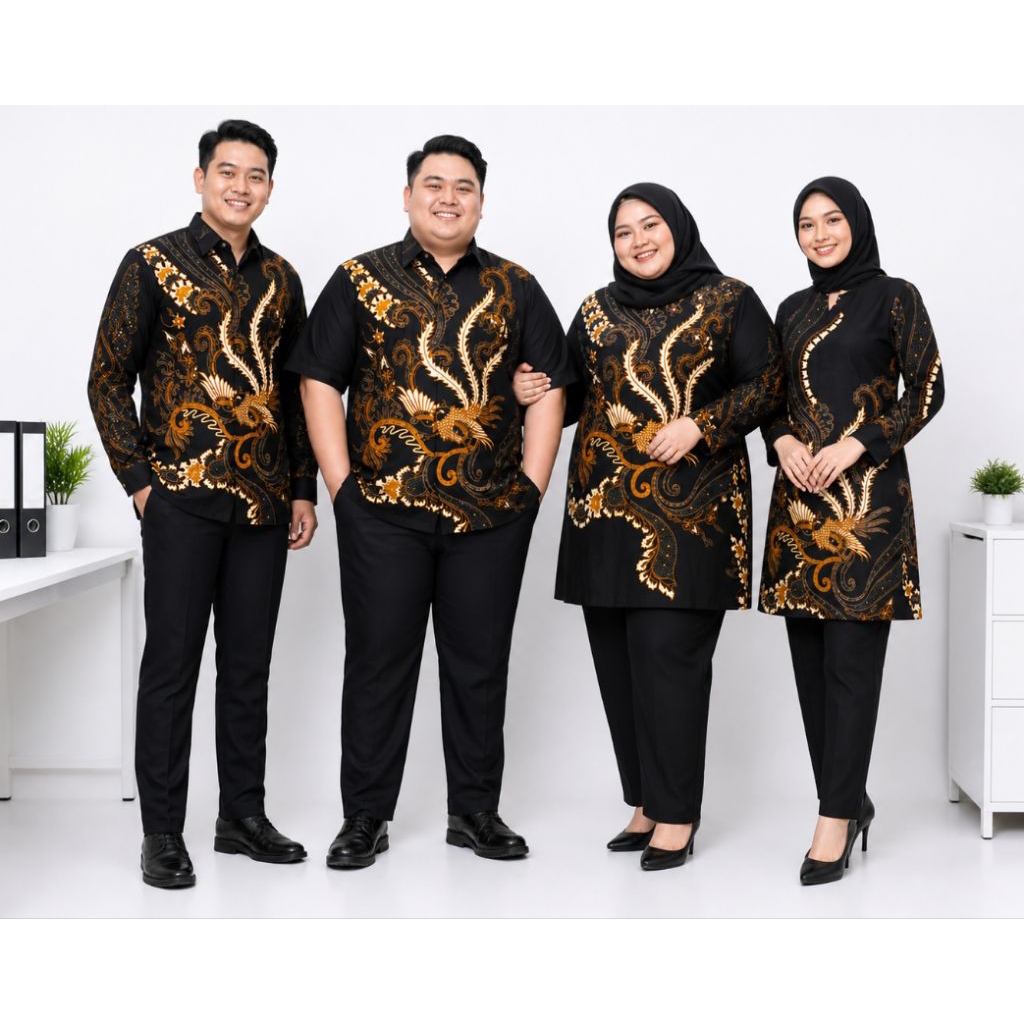COUPLE BATIK HITAM TUNIK PANJANG BATIK POLA HITAM BIGSIZE COUPLE TUNIK JUMBO SERAGAM TUNIK BATIK ATA
