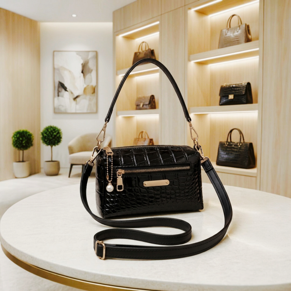 Cataleya Tas Selempang Wanita mini Handbag Terbaru Tekstur Kulit Croco Premium Dengan Aksen Gantunga