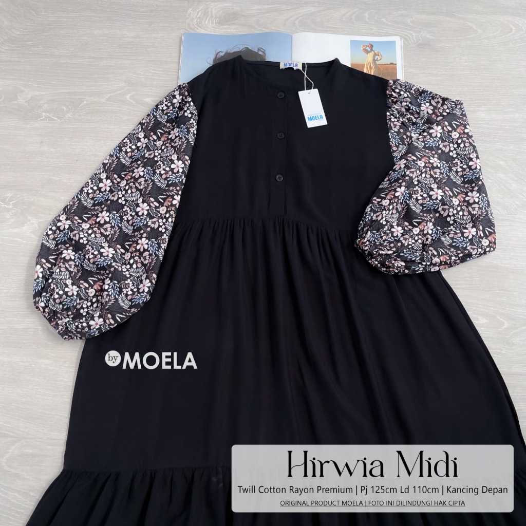 HIRWIA MIDI DRESS KOMBINASI TWILL COTTON RAYON PREMIUM ADEM NYAMAN BY MOELA