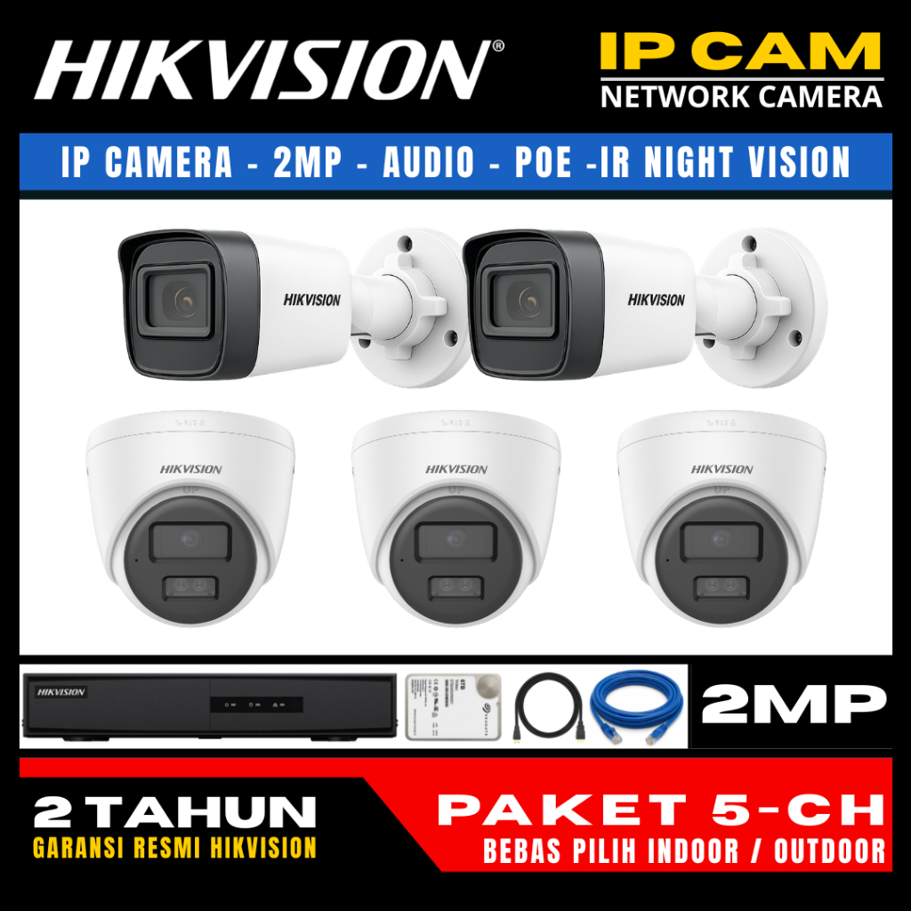 paket cctv hikvision ip camera 2mp audio 8 channel 5 kamera ip camera cctv