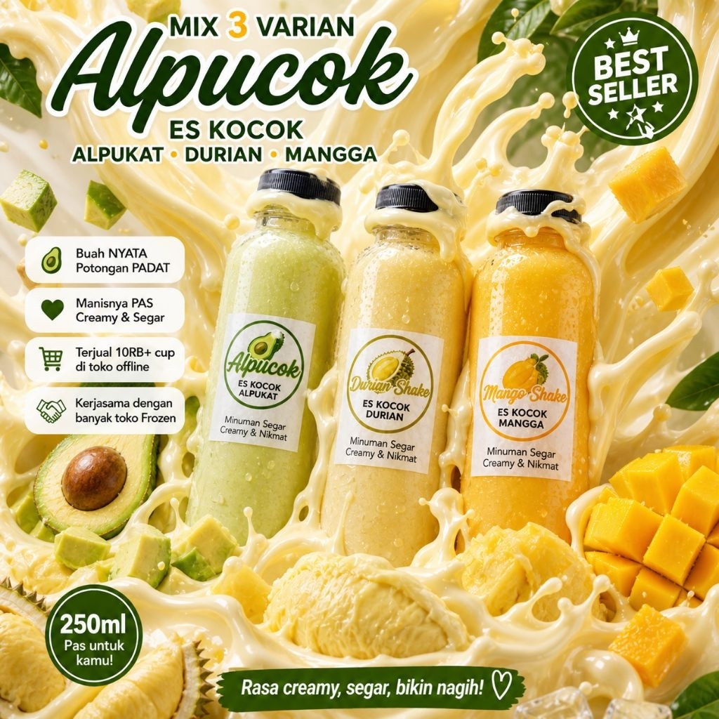 Es Kocok Viral Alpukat Mangga Durian ukuran 250 Ml | Minuman dengan potongan buah Segar Dingin Cream
