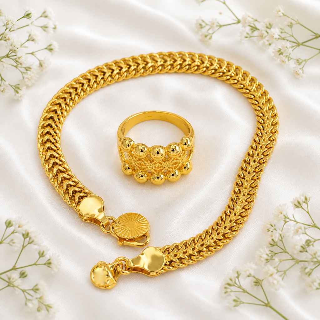 Set Gelang Tikar Mas Dubai Warna Kuning + Free Cincin Elegan Wanita