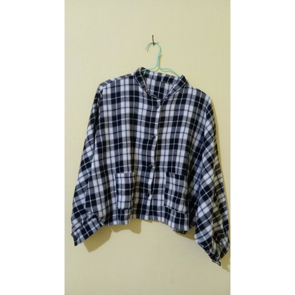 "Kemeja Flanel Crop Top Wanita Motif Kotak / Tartan Blouse Oversize"
