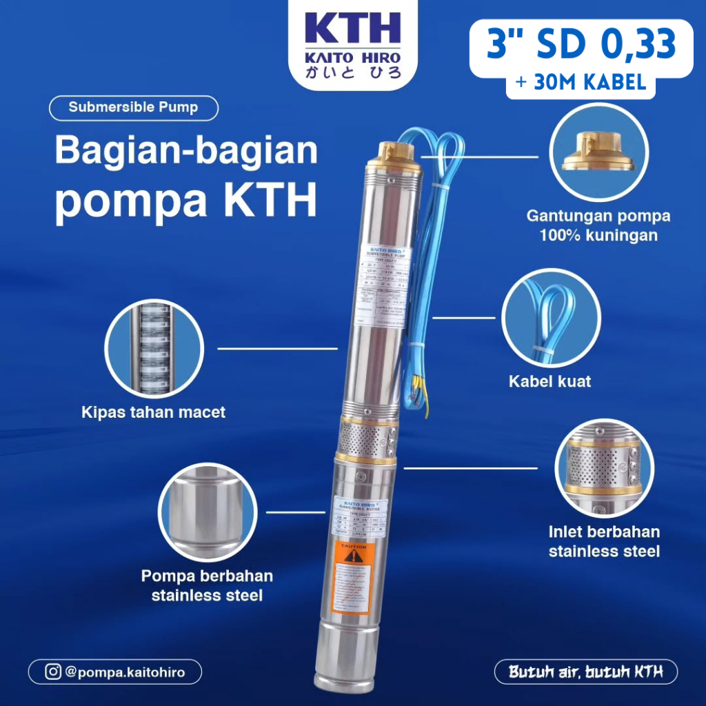 Kaito Hiro Pompa Submersible Casing 3 SD 0,33 2/11 + Kabel 30 Meter Satelit / Celup Pump KTH