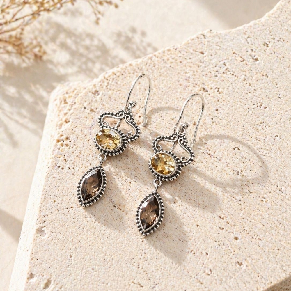 Anting Earrings Silver Perak Bali 925 Hook Jawan Batu Natural Citrine Citrin Smoky quartz Kecubung A