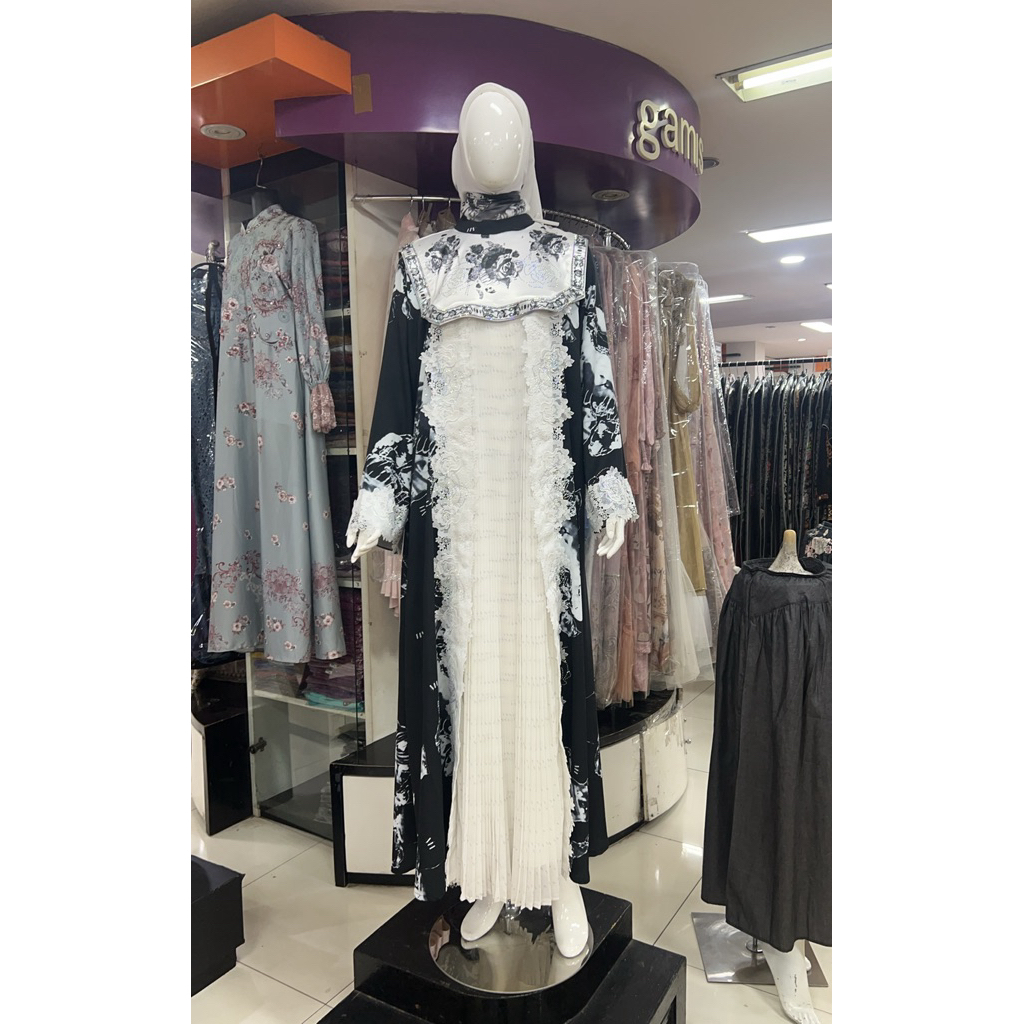 Gamis Motif Hawa Hitam Elegan Wanita | Gamis Pesta Renda Layer Premium | Baju Muslim Modern Syar’i K
