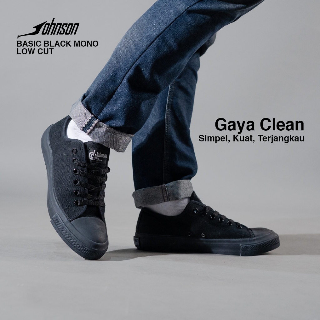 Johnson Basic LowCut (LC) Black Mono | Sepatu Sekolah Perempuan Laki-Laki Awet Full Hitam 100 Ribuan