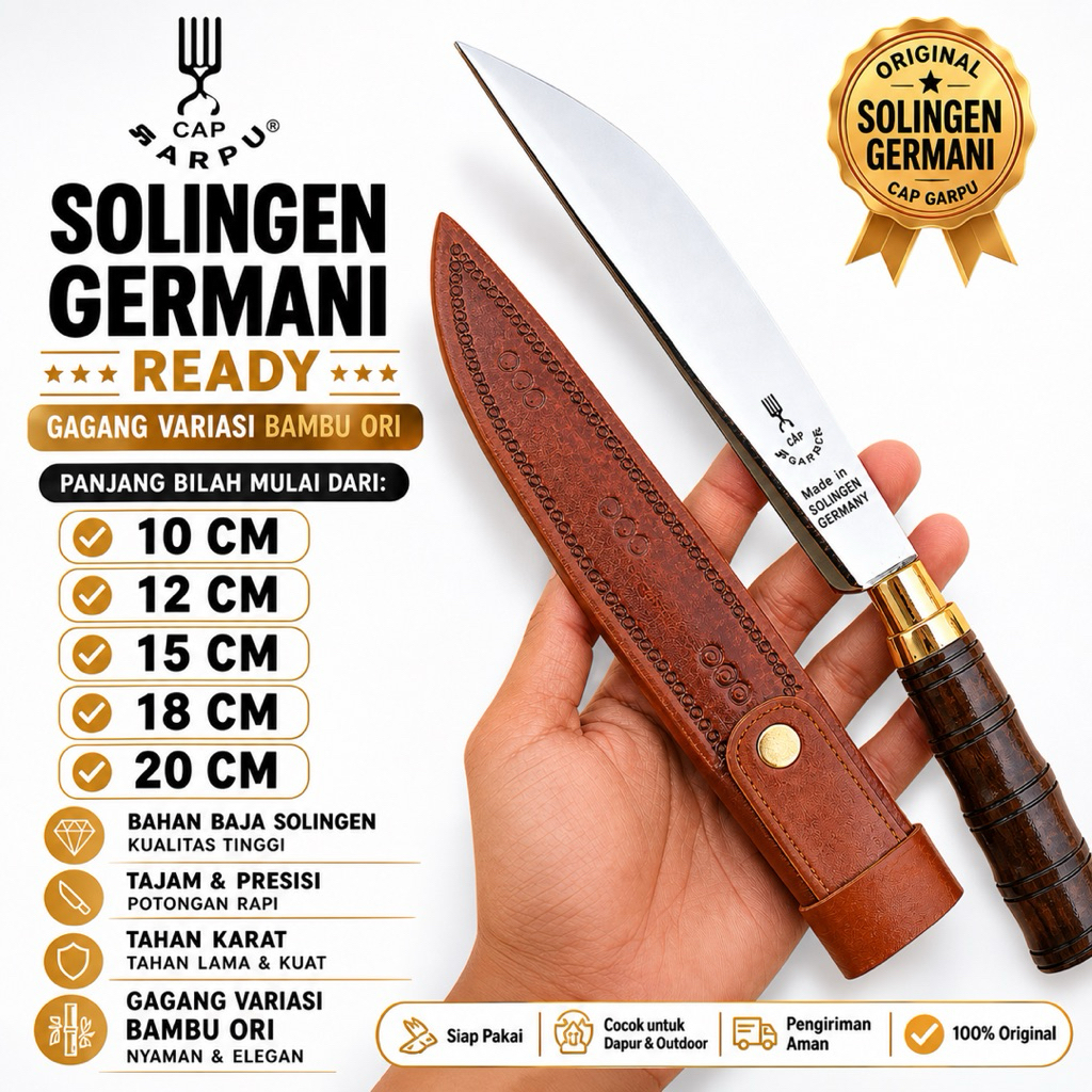 Pisau Solingen Germani Original Cap Garpu | Pilihan Bilah 10-20 cm | Gagang Bambu Ori Premium | Taja