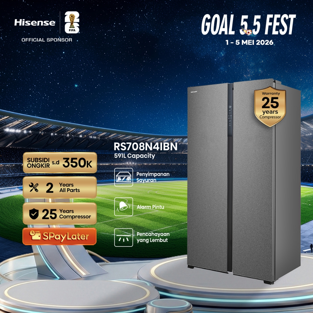 Hisense Kulkas RS708N4IBN Refrigerator Side By Side Kapasitas 591L Warna Hitam Inverter Tanpa Bunga 