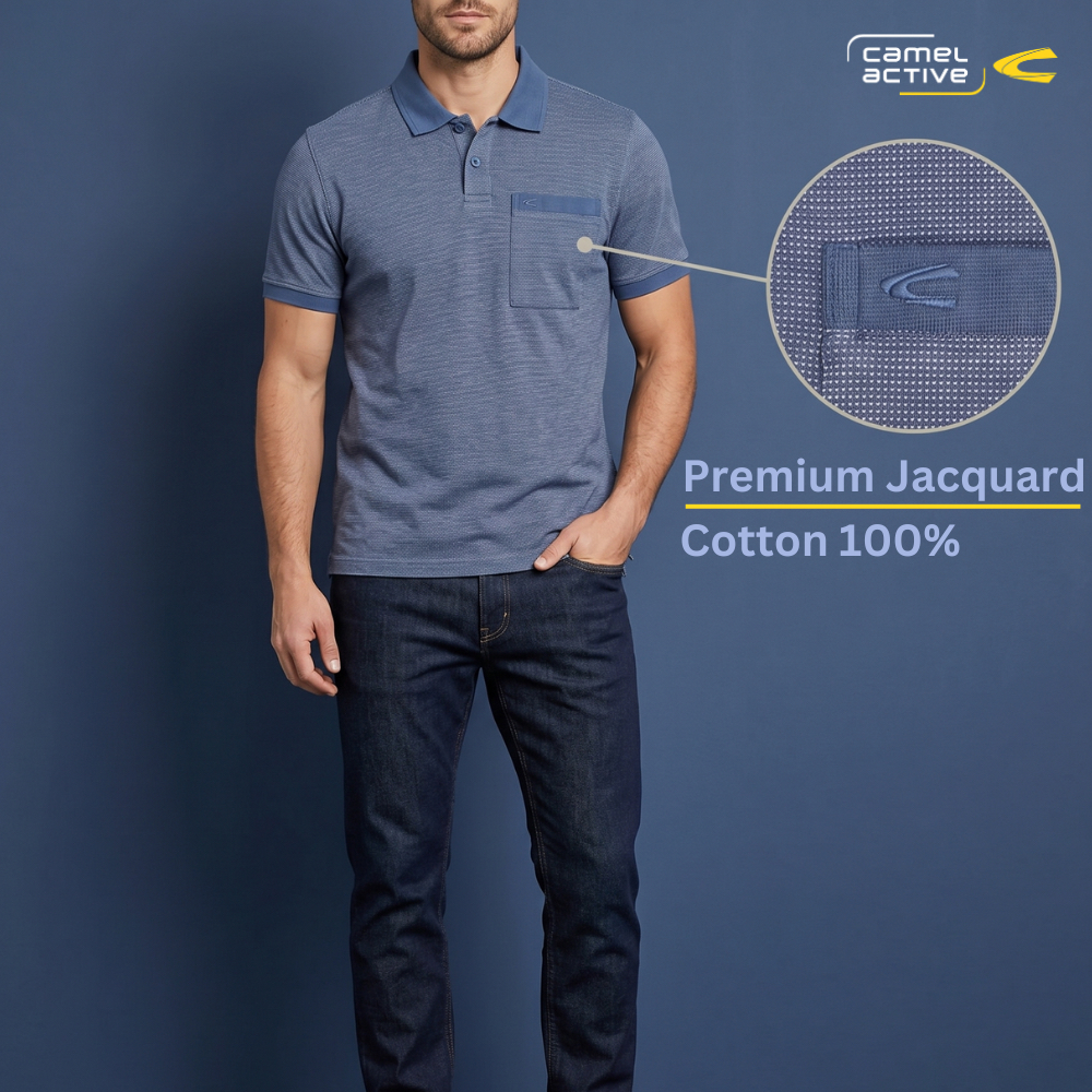 camel active Men's Blue Colour Cotton Jacquard Polo Shirt