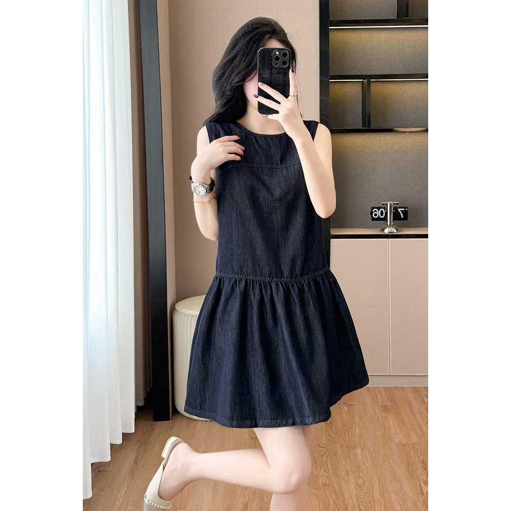 dress denim wanita import D8593 / dress jeans tanpa lengan