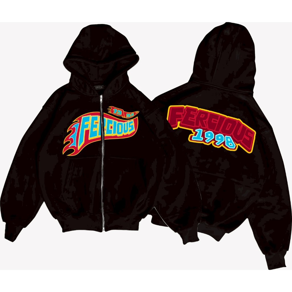 Jaket Sweater Hoodie Boxy White Ferocious 1998 Art Red Casual Black Full Zip Premium Quality Distro