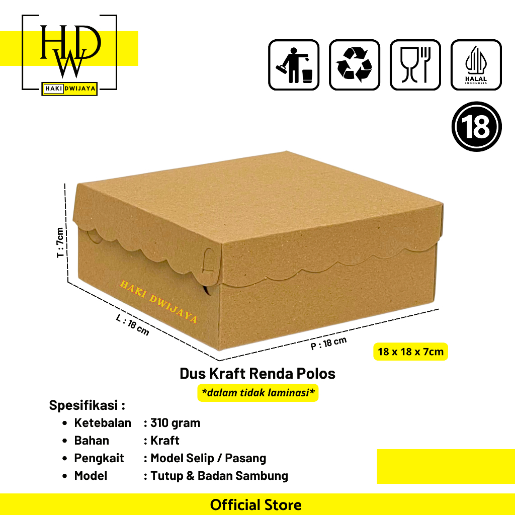 Kemasan Dus / Kotak Nasi dan Snack Ukuran 18x18x7cm Kraft Renda Polos Sambung