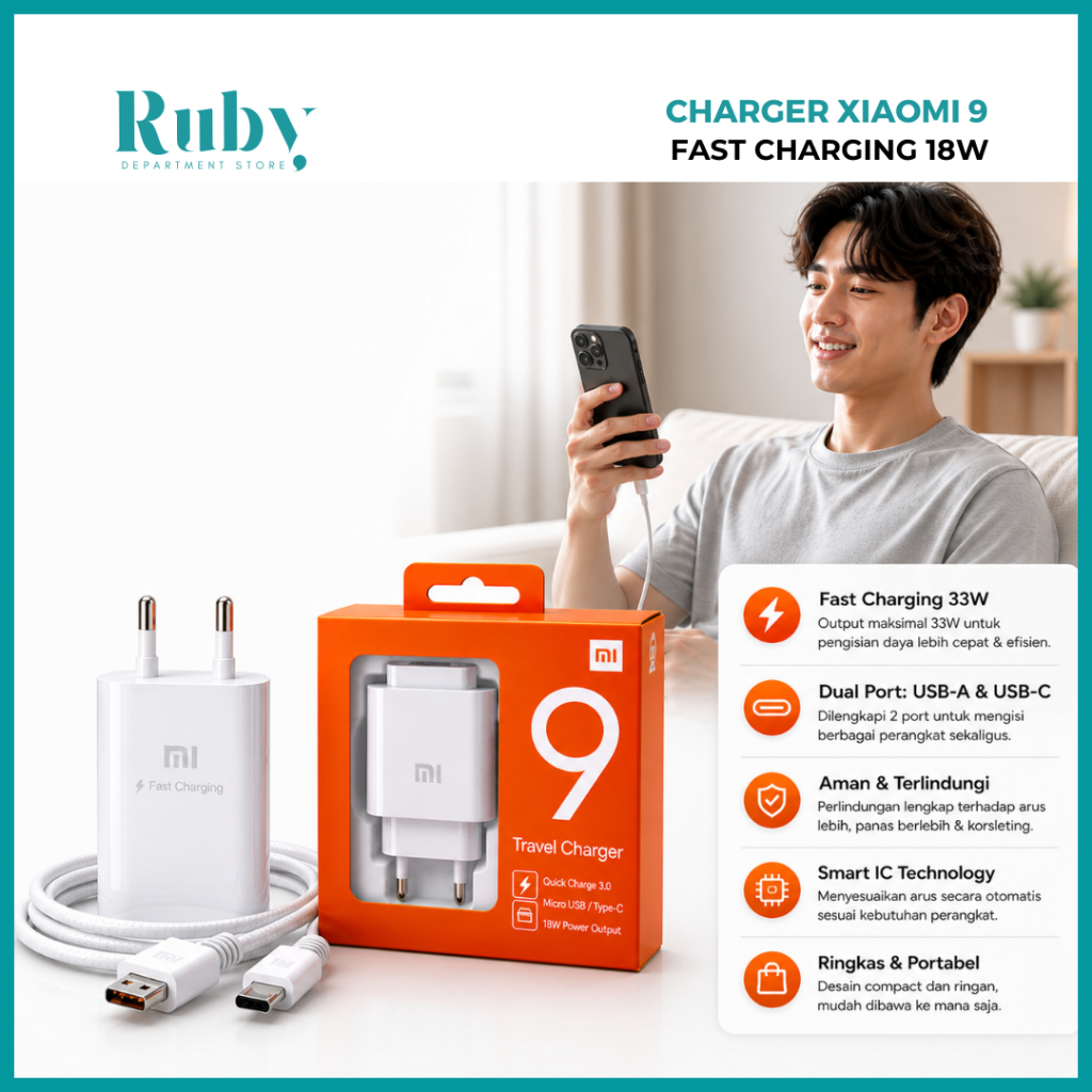 Charger Xiaomi 9 Fast Charging 18W Type C & Micro USB