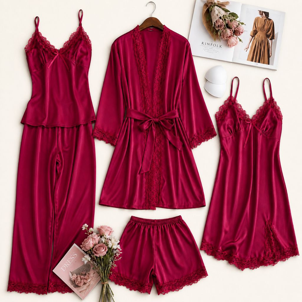 Piyama Wanita 5 in 1 Silk Sutra Set / Baju Tidur Wanita 5 in 1 Silk Sutra