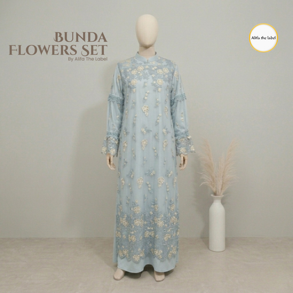 Bunda Flowers Dress Gamis Brukat Wanita Motif Bunga Silk Premium Inner Outer Kondangan Elegan Mewah 