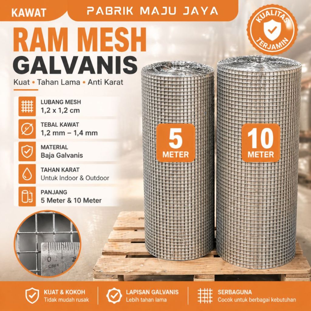 Kawat Ram Mesh /  Loket Galvanis Roll 5M & 10M & 30M | Lubang 1,2x1,2cm Tebal 1,2–1,4mm Anti Karat