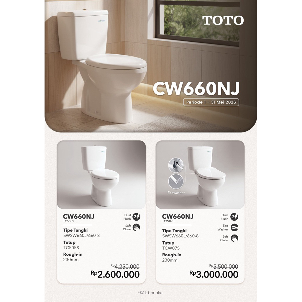 TOTO CLOSET DUDUK CW 660 NJ / CW660NJ / SW660J / SW 660 J ( COMPLITE SET )