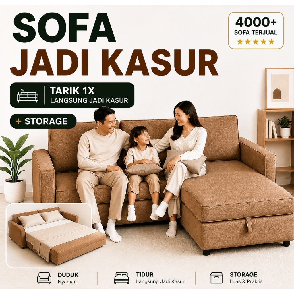 Sofa Minimalis - Sleeper Bed - Sofa Bed - Sofa Multifungsi Ada Storage