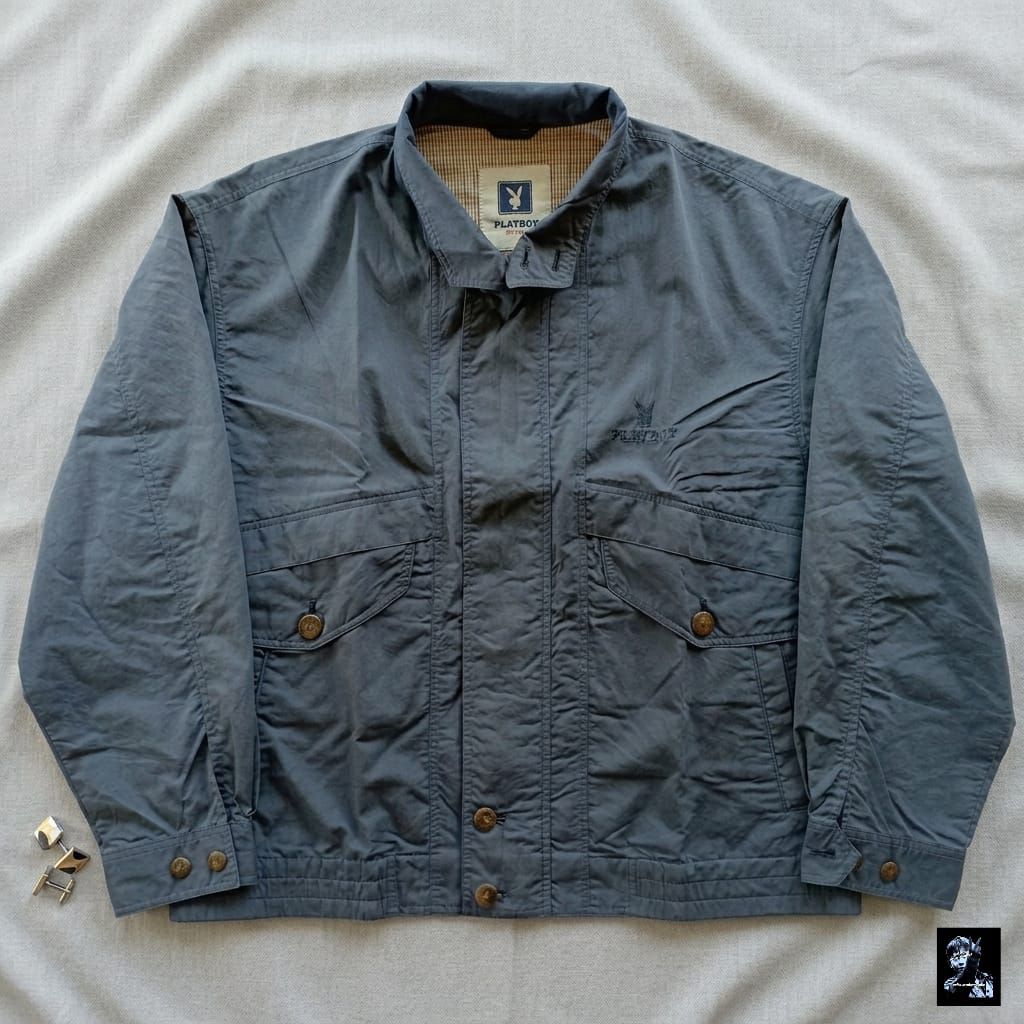 Jacket Harrington - Playboy Blue Size L fit XL Atasan Mantel Jacket Casual Pria Wanita Free Sticker
