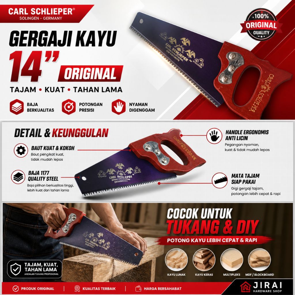 Gergaji Potong Kayu Carl Schlieper Original 14 Inch | Gergaji Schliper Tajam Kuat | Gergaji Manual T