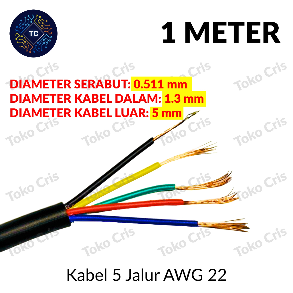 Kabel 5 Jalur AWG 22 + Selongsong / Kabel 5C / Kabel Bulat 5 Warna