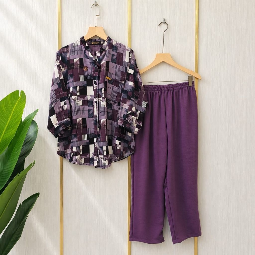 Setelan Pakaian Wanita bahan Crinkle Airflow Aleva Motif kotak Premium