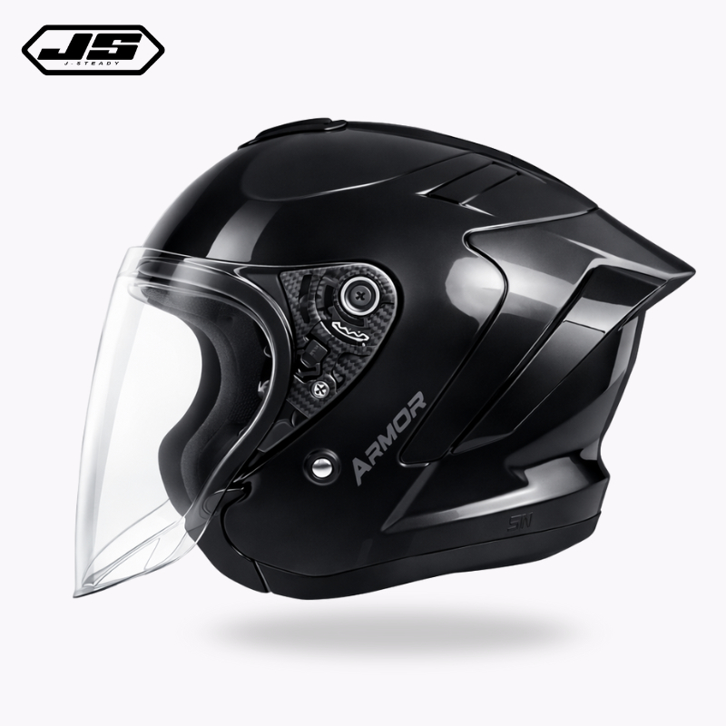 Helm JS Armor Ori Black Glossy / Helm Half Face / Helm Pria Keren Anti Silau Paket Ganteng sudah SNI