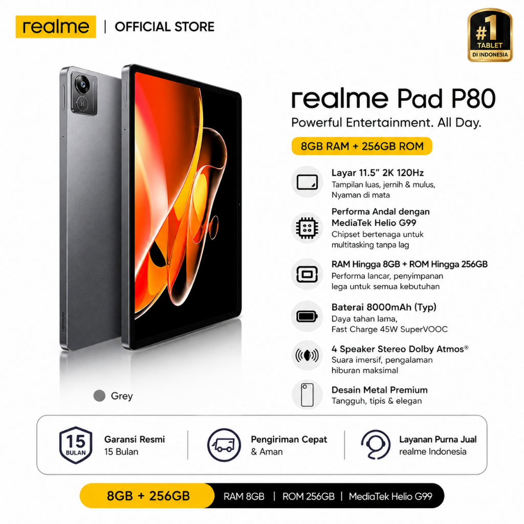 Realme Pad P80 | RAM 16GB ROM 512GB | Snapdragon 888 | 4G + 5G LTE Dual SIM | Baterai 20000mAh