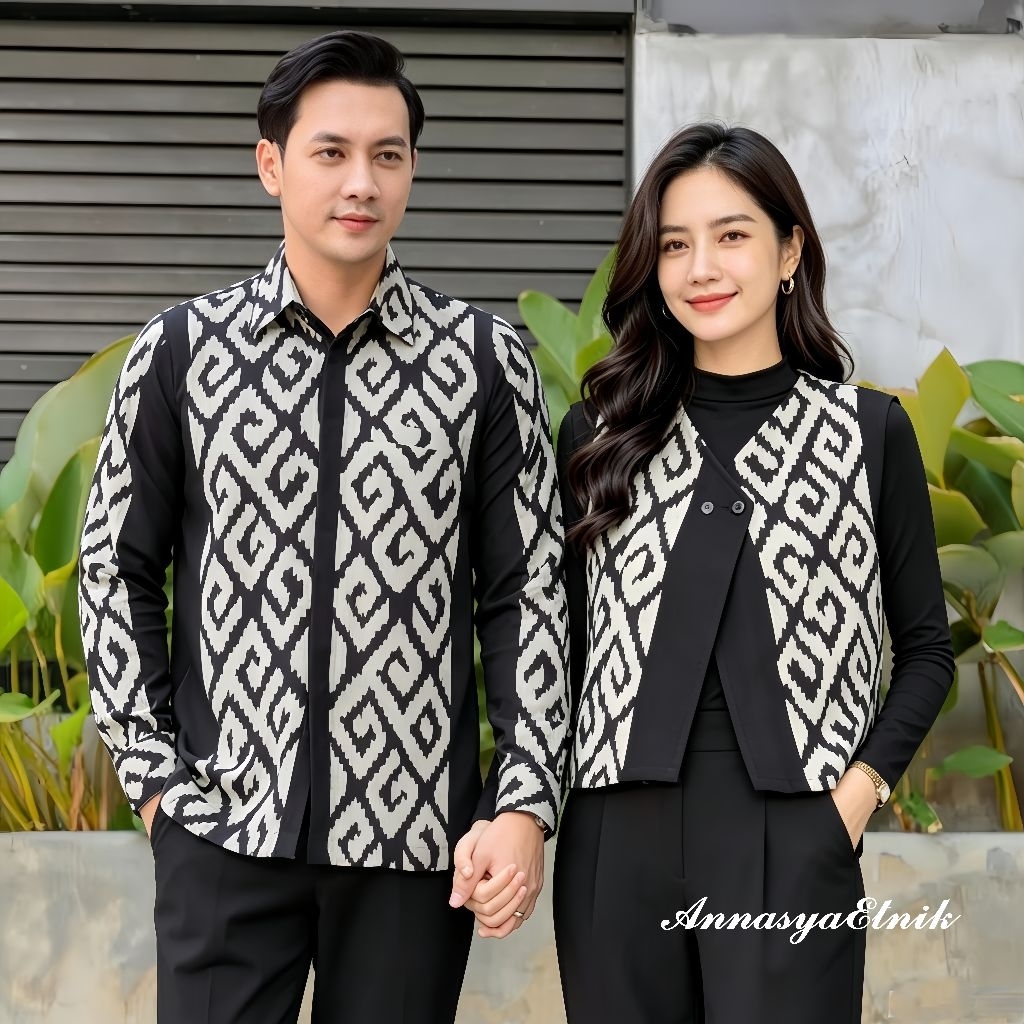 Set Couple Batik Tenun-Rompi Wanita-Kemeja Pria-Atasan Batik Kerja Wanita-Seragam Kantor