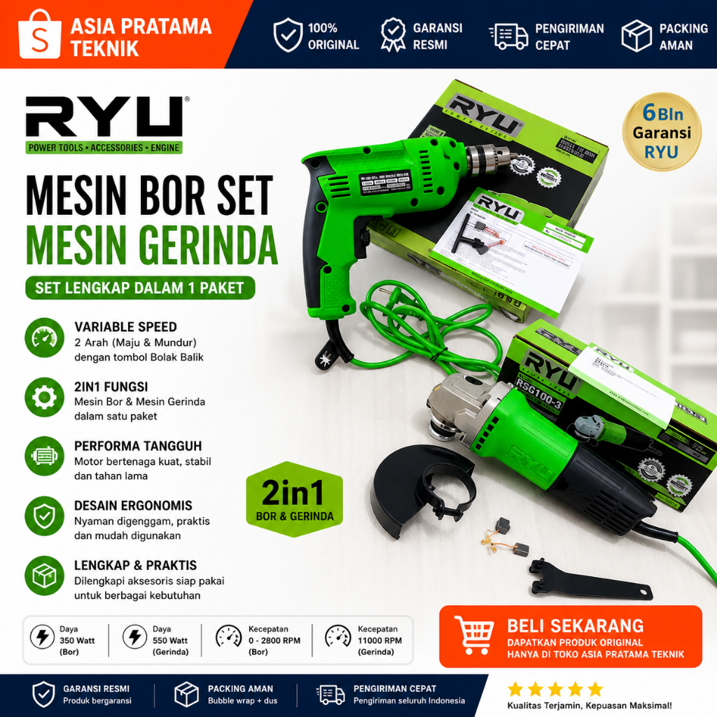 Termurah Paket RYU Bor Listrik 10 mm & RYU Mesin Gerinda Tangan 4"