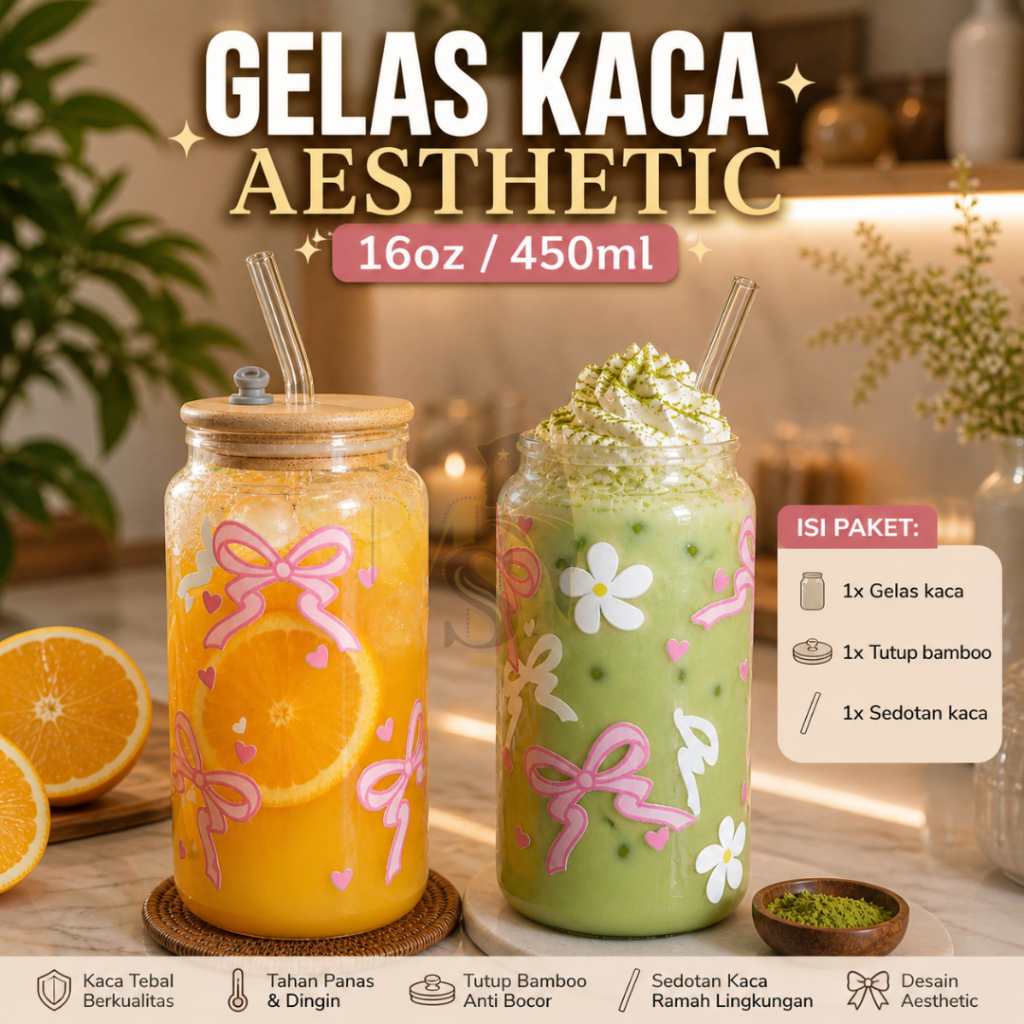 Gelas coquette/ gelas kaca korea/ gelas aesthetic +Tutup+sedotan